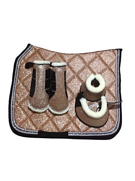 Sparkly Saddle Pad Sets; Stylish Glittery Equestrian all purpose Saddle Pads for Horse with matching Ear Bonnet and Brushing boots