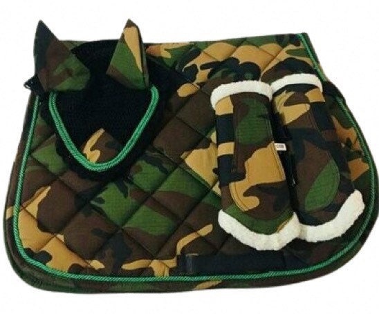 Camouflage Saddle Pad & Saddle Pad Sets; All purpose Handmade Equestrian Saddle Pads for Horse with Matching Ear Bonnet and brushing boots