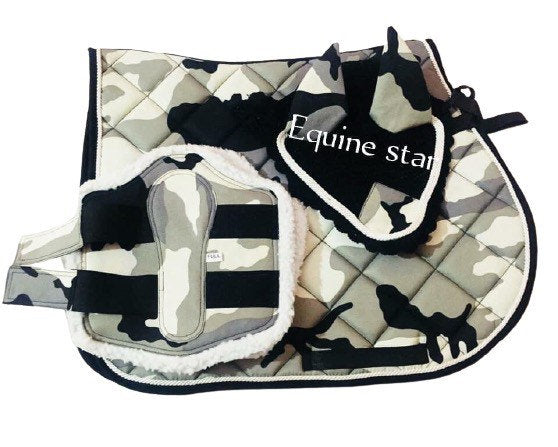 Camouflage Saddle Pad & Saddle Pad Sets; All purpose Handmade Equestrian Saddle Pads for Horse with Matching Ear Bonnet and brushing boots