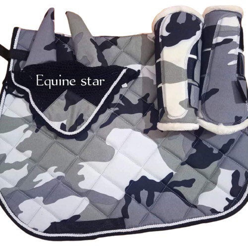 Camouflage Saddle Pad & Saddle Pad Sets; All purpose Handmade Equestrian Saddle Pads for Horse with Matching Ear Bonnet and brushing boots