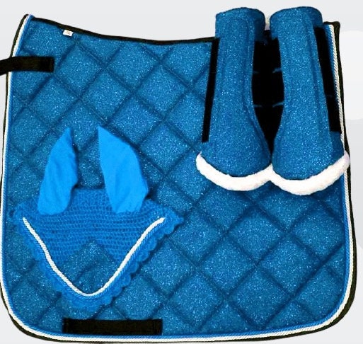 Sparkly Saddle Pad Sets; Stylish Glittery Equestrian all purpose Saddle Pads for Horse with matching Ear Bonnet and Brushing boots