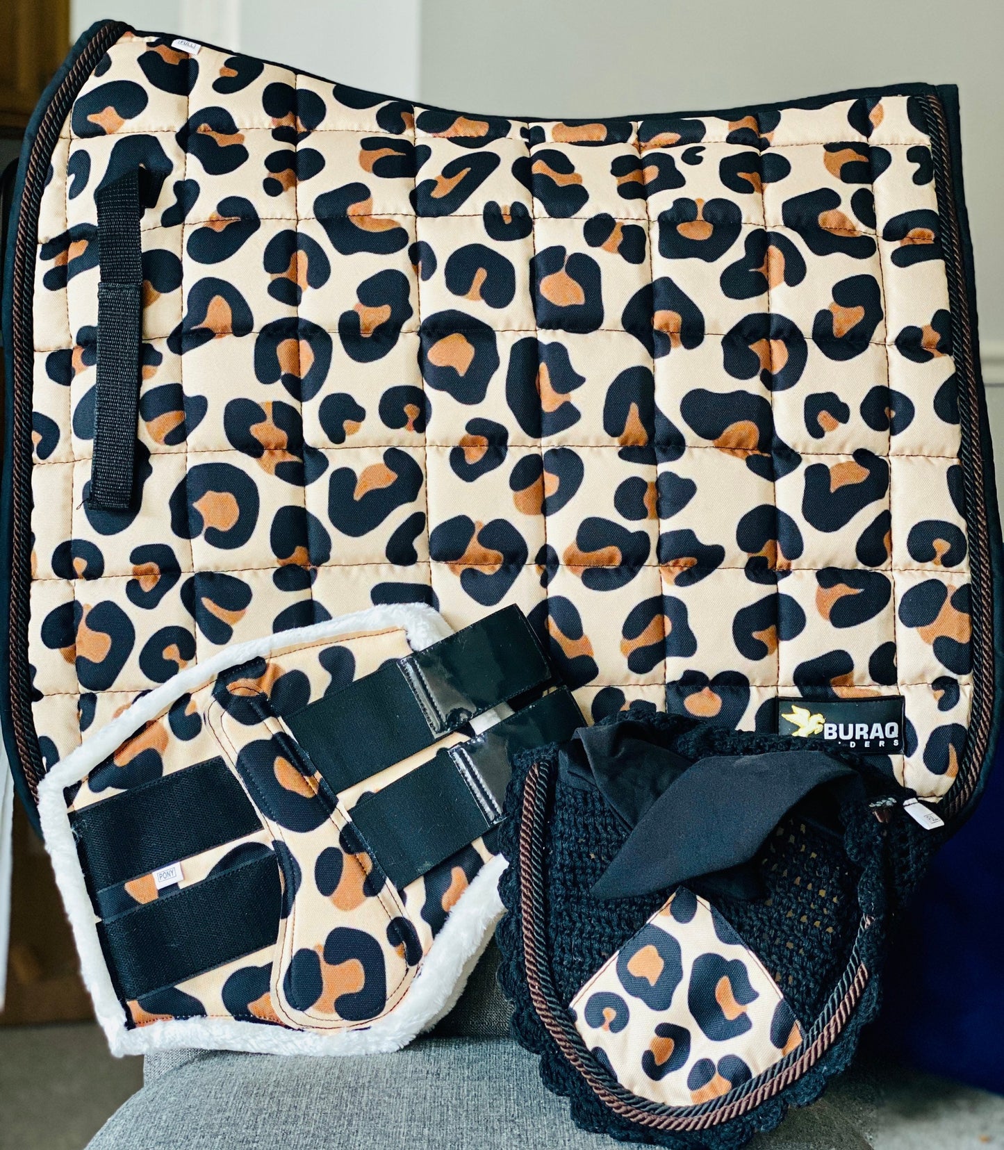 Leopard and Tiger Print Saddle Pads and Matching Sets with Bonnets and Boots in Dressage Jump & Close Cut