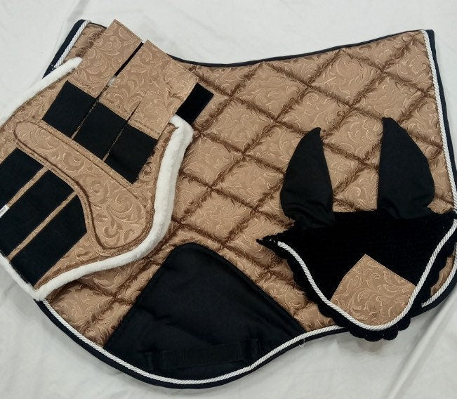 Handmade Saddle Pad Sets; All purpose Spring Special Equestrian Saddle Pads for Horse with Matchy Ear Bonnet & Brushing boots