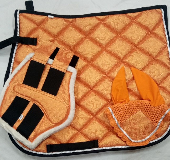 Handmade Saddle Pad Sets; All purpose Spring Special Equestrian Saddle Pads for Horse with Matchy Ear Bonnet & Brushing boots