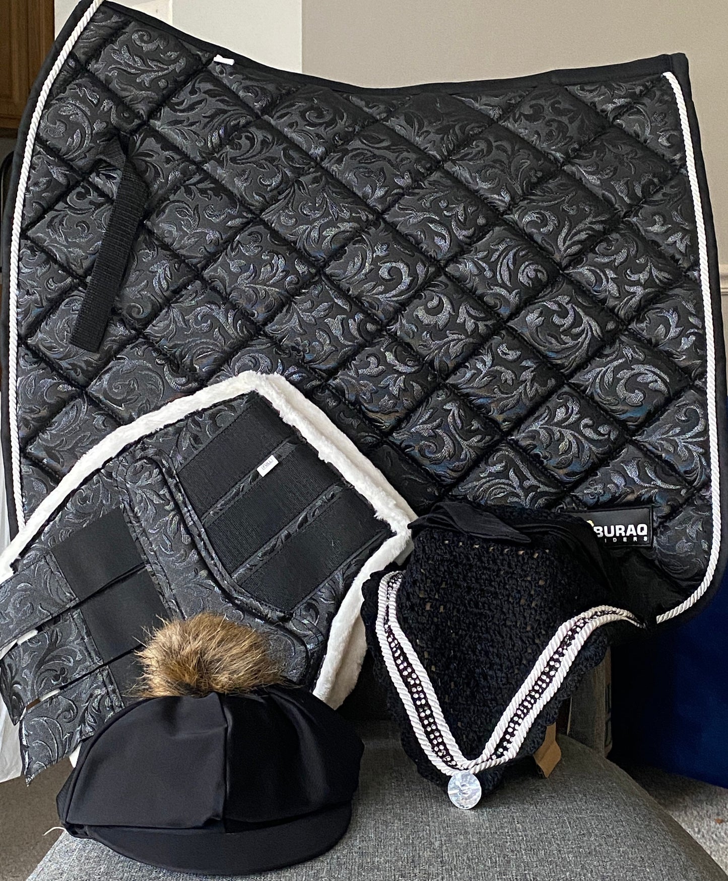 Handmade Saddle Pad Sets; All purpose Spring Special Equestrian Saddle Pads for Horse with Matchy Ear Bonnet & Brushing boots