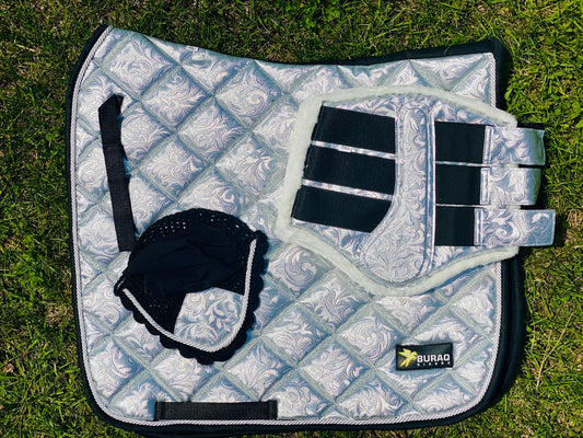 All purpose Saddle Pad Sets; Luxury Special Equestrian All purpose Saddle Pads for Horse with Matchy Net Fly Veil Ear Bonnet Brushing boots