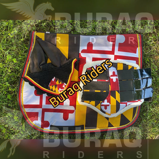 Handmade All Purpose Maryland Flag matching set with pad ear bonnet and brushing boots