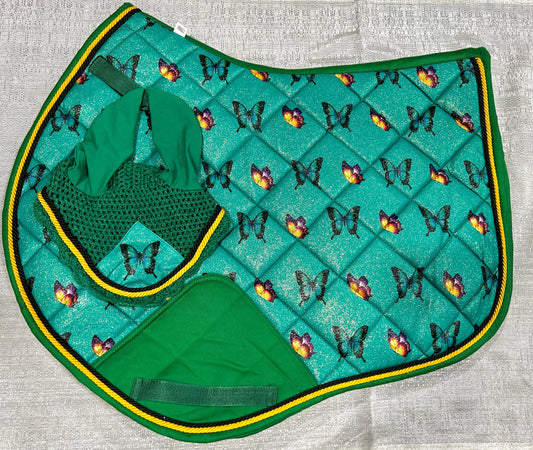 Sparkly Green Butterfly Saddle Pad Sets; Stylish Glittery Equestrian English Saddle Pads for Horse with Matchy Ear Bonnet & Brushing boots