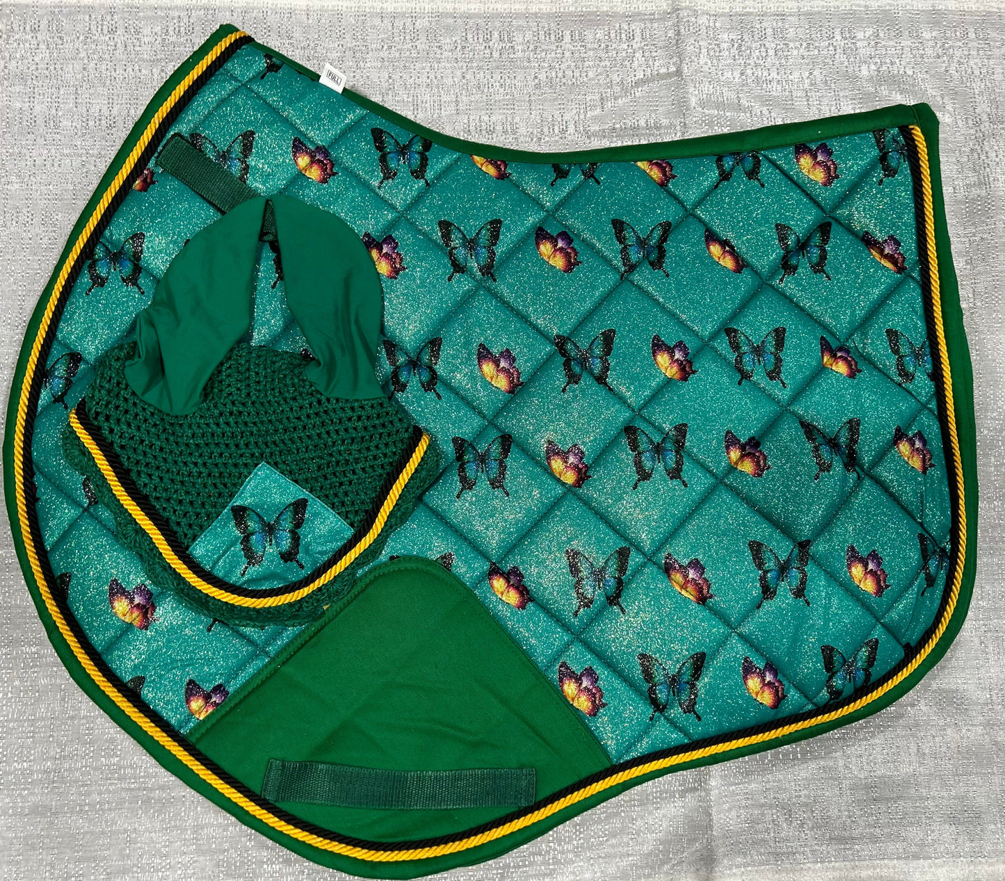 Sparkly Green Butterfly Saddle Pad Sets; Stylish Glittery Equestrian English Saddle Pads for Horse with Matchy Ear Bonnet & Brushing boots