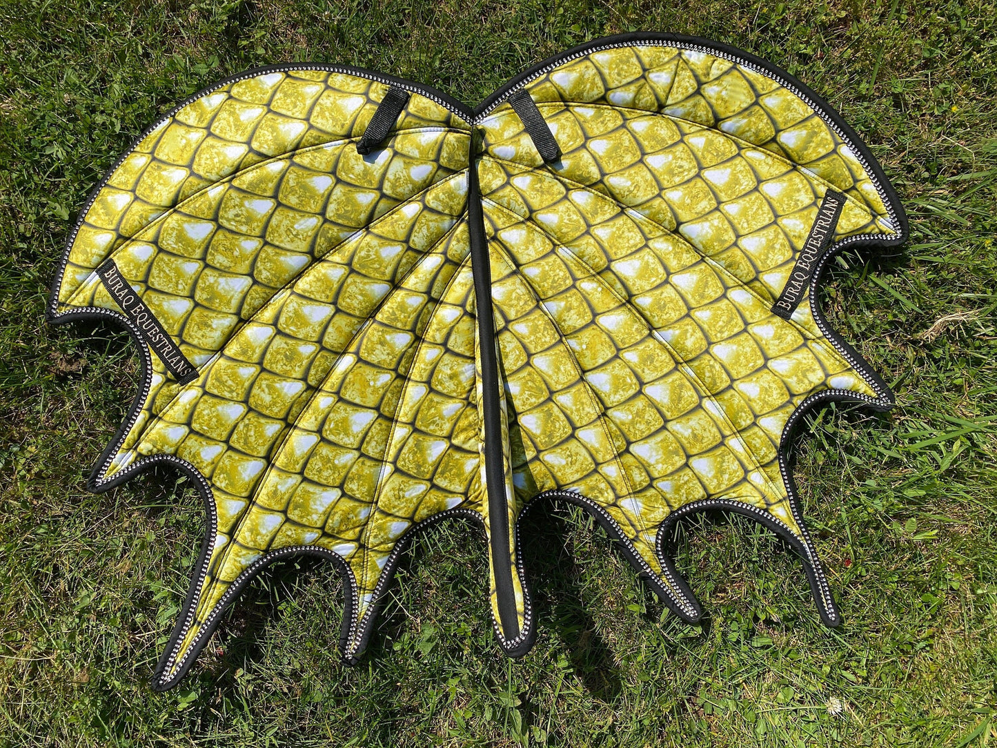 Gold Dragon Scale Satin Saddle Pad; Handmade Dragon Scales Wing Saddle Pad for Horse with Matching Ear Bonnet with Horns & Brushing boots