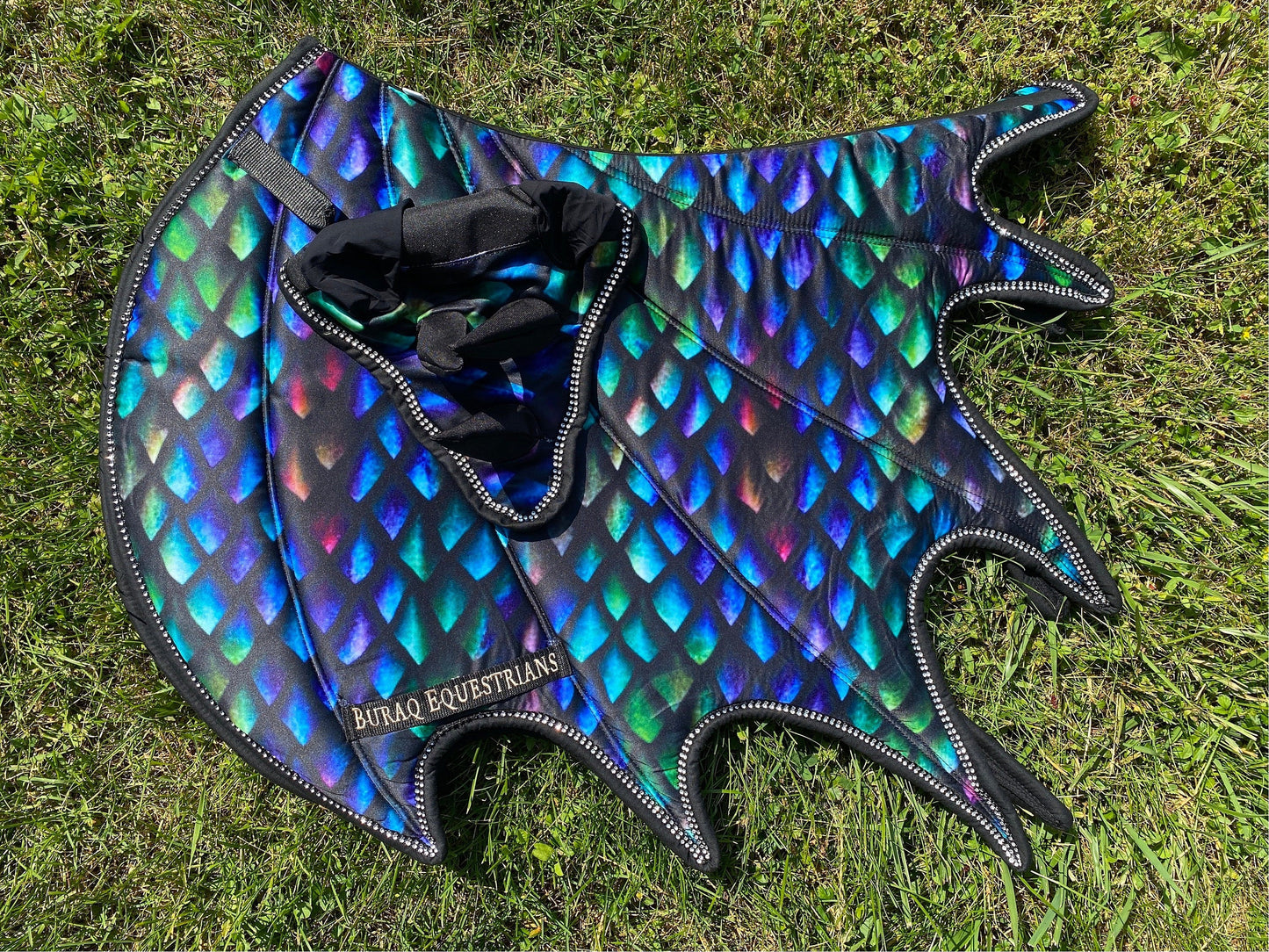 Dragon Scale Satin Saddle Pad; Handmade Dragon Scales Wing Saddle Pad for Horse with Matching Ear Bonnet with Horns & Brushing boots