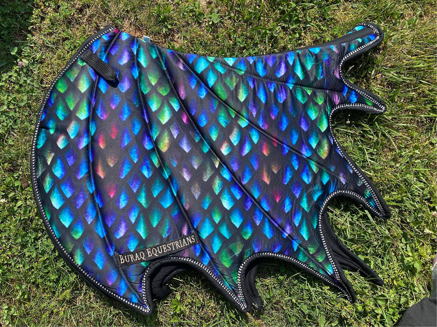 Dragon Scale Satin Saddle Pad; Handmade Dragon Scales Wing Saddle Pad for Horse with Matching Ear Bonnet with Horns & Brushing boots