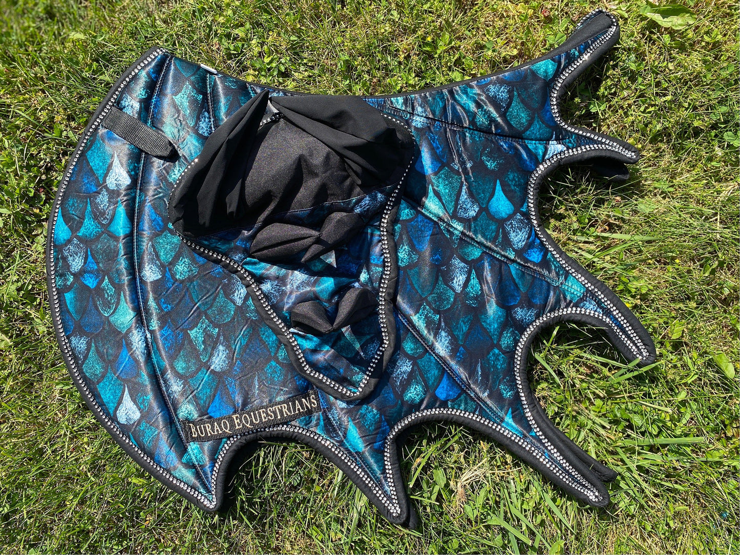 Dragon Scale Satin Saddle Pad; Handmade Dragon Scales Wing Saddle Pad for Horse with Matching Ear Bonnet with Horns & Brushing boots