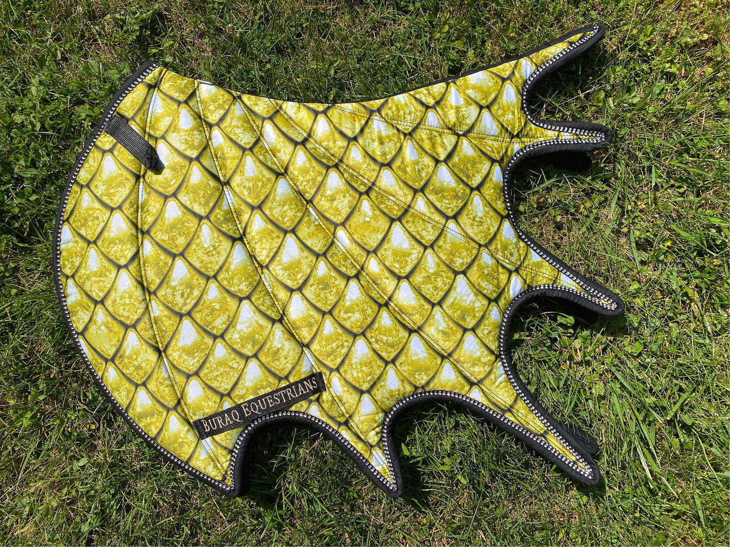 Gold Dragon Scale Satin Saddle Pad; Handmade Dragon Scales Wing Saddle Pad for Horse with Matching Ear Bonnet with Horns & Brushing boots