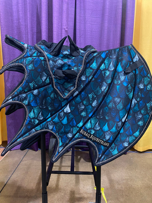 Teal Blue Dragon Scale Saddle Pad; Handmade Dragon Scales Wing Saddle Pad for Horse with Matching Ear Bonnet with Horns & Brushing boots