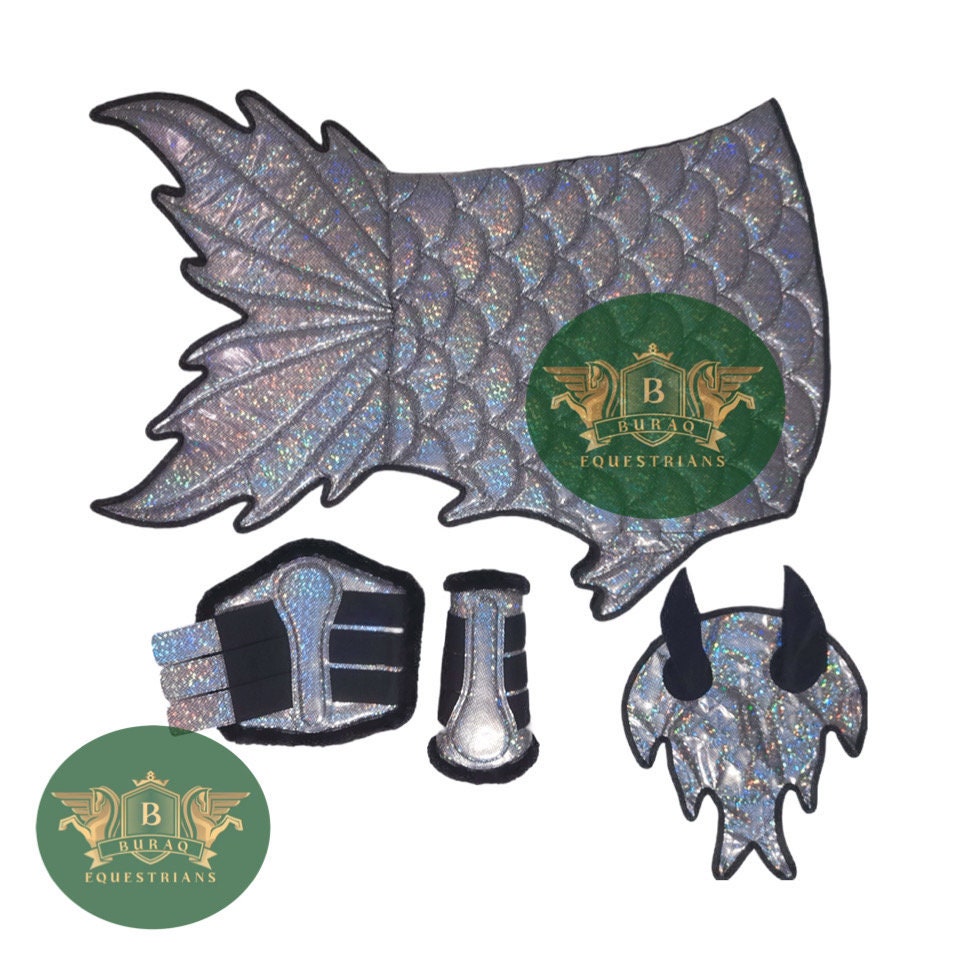 Holographic Green Gold Silver Mermaid Scales Saddle Pad Costume; Handmade Mermaid Scales Saddle blanket Matching Ear Bonnet & Brushing boots