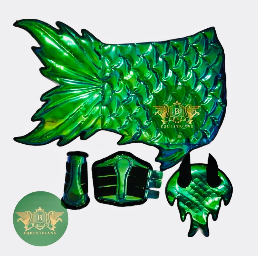 Holographic Green Gold Silver Mermaid Scales Saddle Pad Costume; Handmade Mermaid Scales Saddle blanket Matching Ear Bonnet & Brushing boots