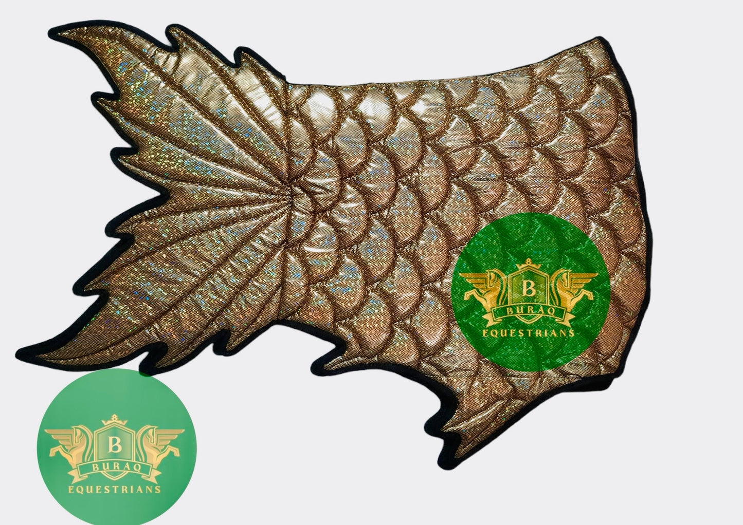 Holographic Green Gold Silver Mermaid Scales Saddle Pad Costume; Handmade Mermaid Scales Saddle blanket Matching Ear Bonnet & Brushing boots